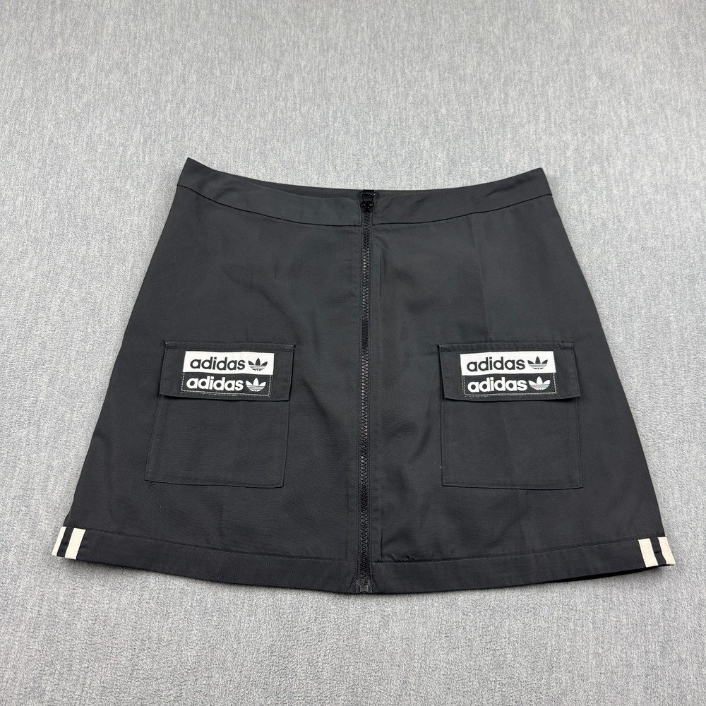 Adidas Original Mini Skirt Women Small Black Zip-Front Logo Patch Cargo Pocket